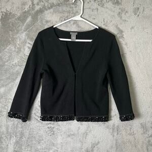 Ann Taylor Black Fine Knit Merino Cardigan Sequin Edge Trim XS Minimalist